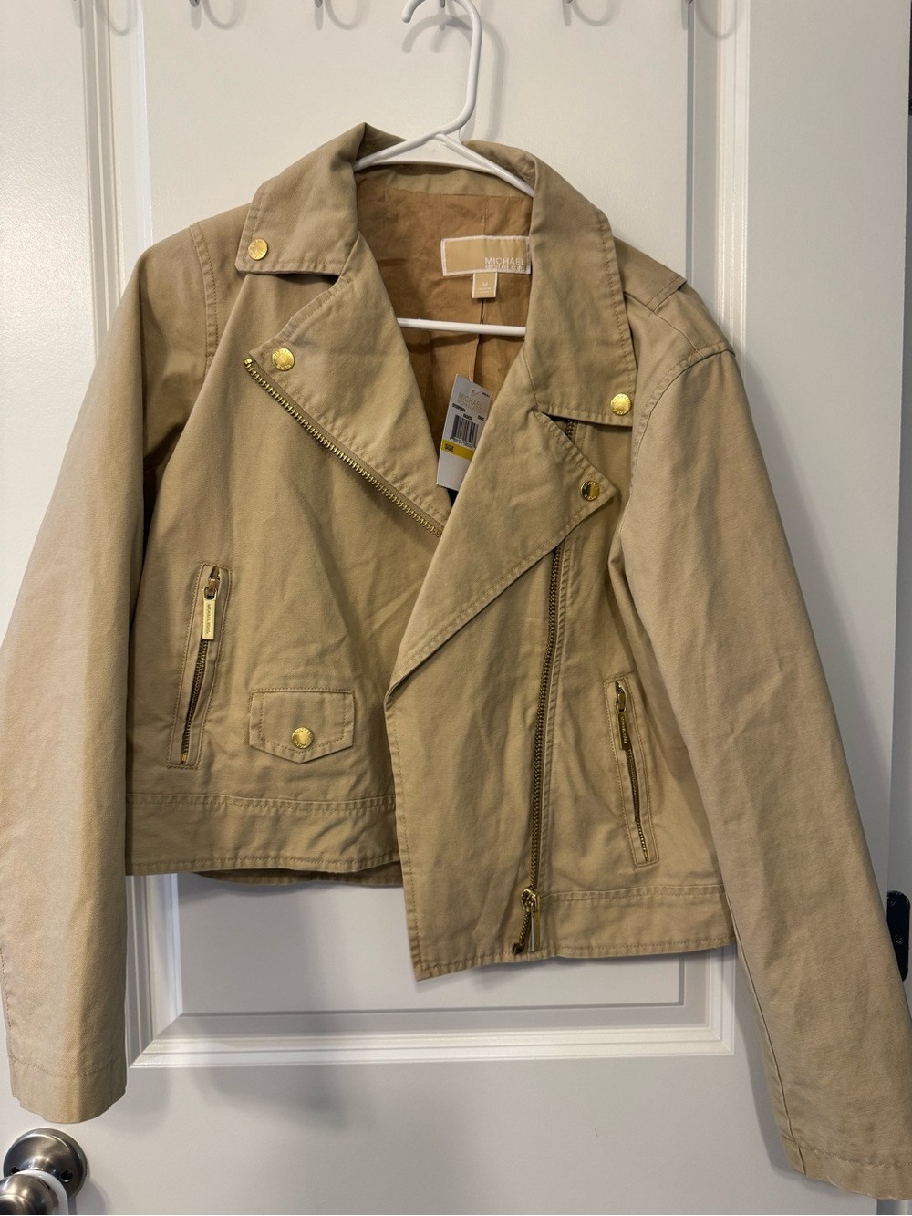 Michael Kors Tan Cotton Moto-Style Utility Jacket with Gold Hardware